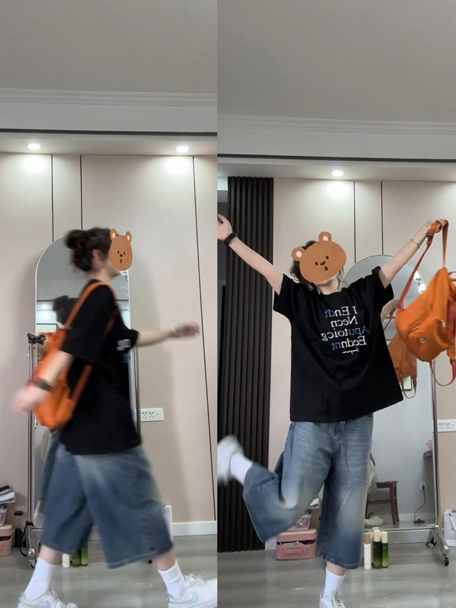 高品質純棉200克精梳緊密100%棉直播同品前印花寬鬆短袖t恤女