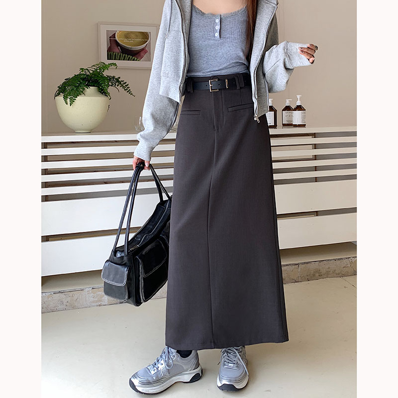Real shot spring suit half skirt high waist back split straight tube long skirt one-step skirt with belt 