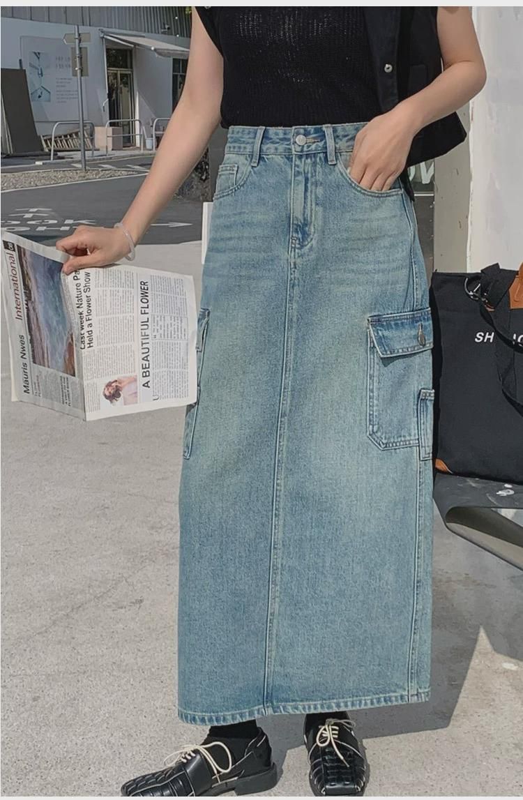 Pocket Workwear Denim Half-Size Long Spring and Autumn Season New Korean Style Trendy Matchable High-Waist Slimming Half-Skirt