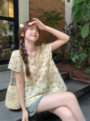 蝴蝶結印花圓領短袖襯衫女夏新款寬鬆顯瘦設計感褶皺別致甜美上衣