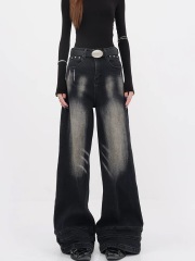 American Style Polished Black and White Wide Leg Denim Pants for Women 2025 Spring and Autumn New Inverted Waist Loose Straight Leg Slimming Floor-Length Trendy Pants