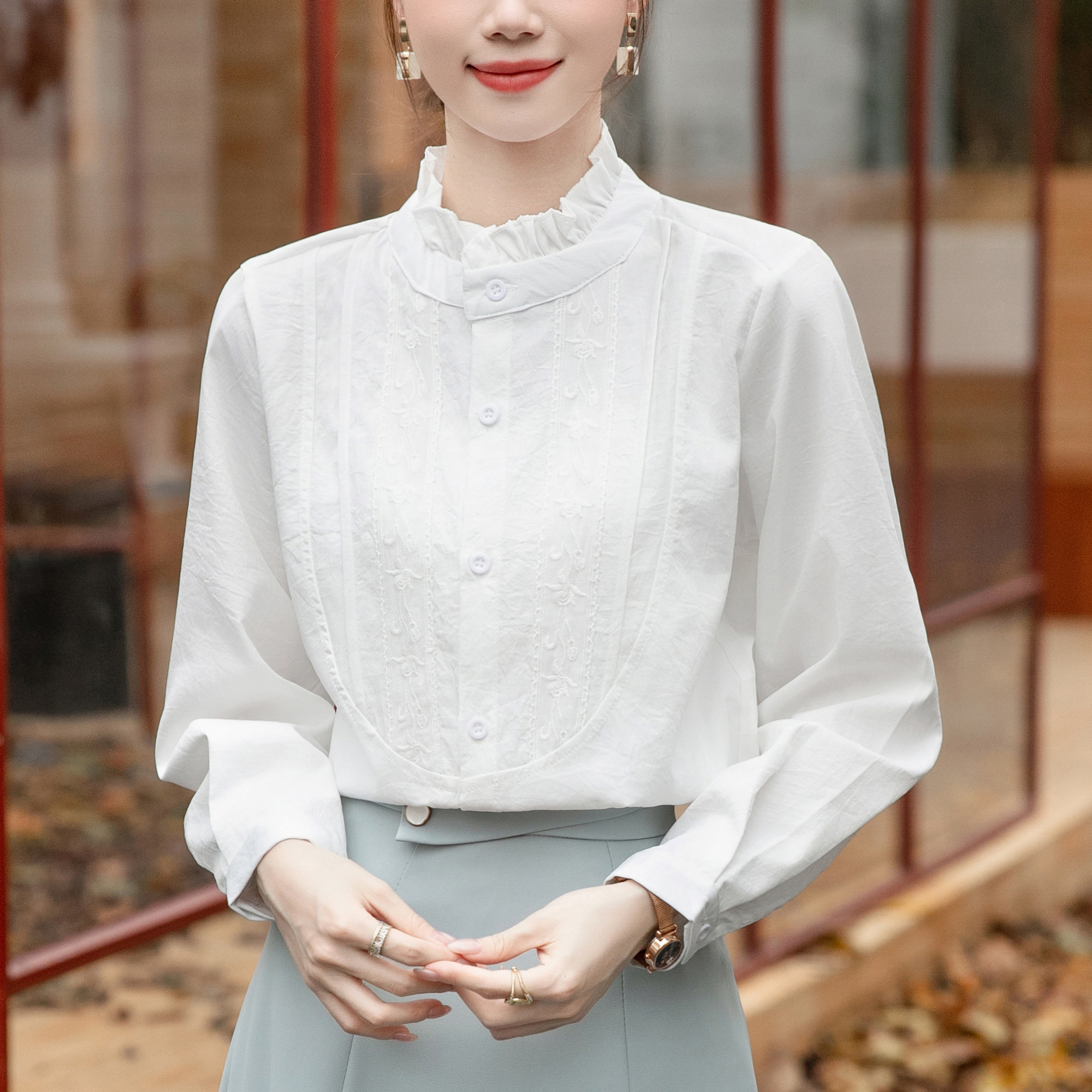 時尚立領長袖女襯衫木耳邊上衣