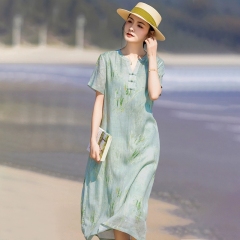 印花復古風連衣裙2025新款女夏季鬆弛感v領旗袍裙女