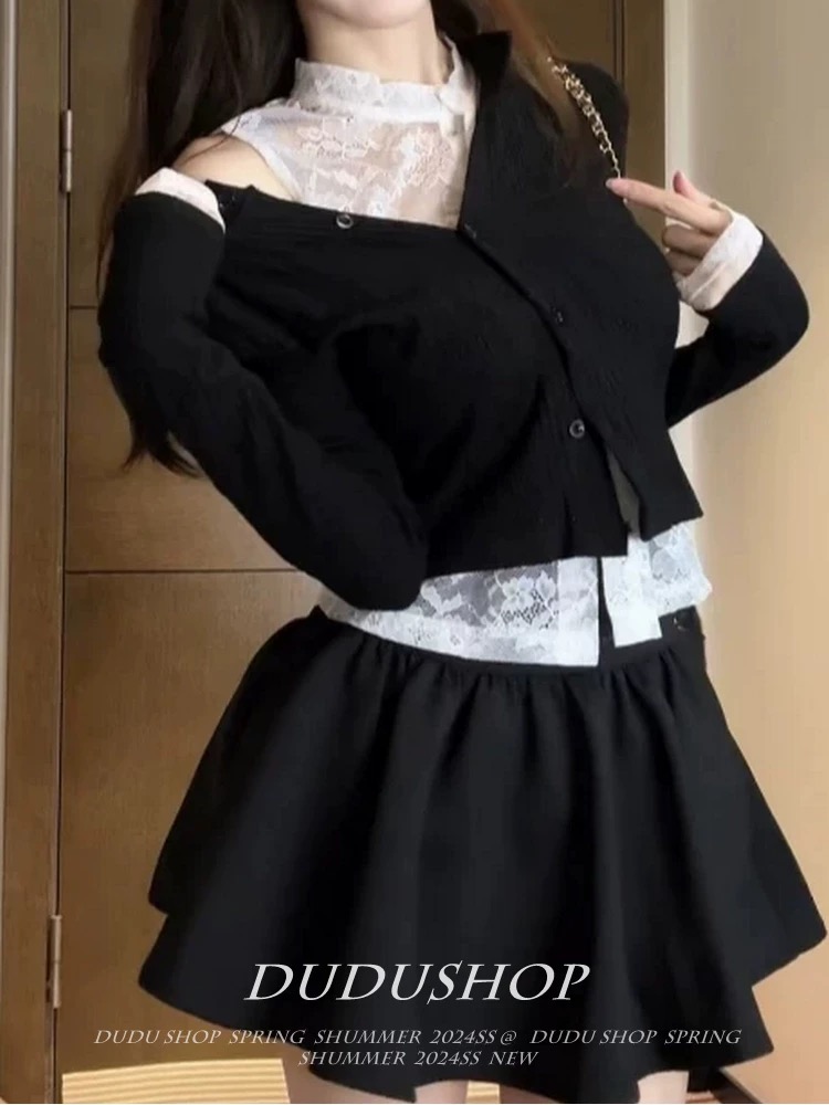 Pure Desire Knit Cardigan College Style Half-Body Short Skirt Set Women Winter Complete Set Lace Underwear Top Three-Piece Set