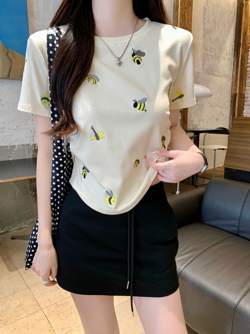 實拍1*1螺紋210克短袖t恤夏2025潮刺繡正肩修身短款圓領上衣女裝