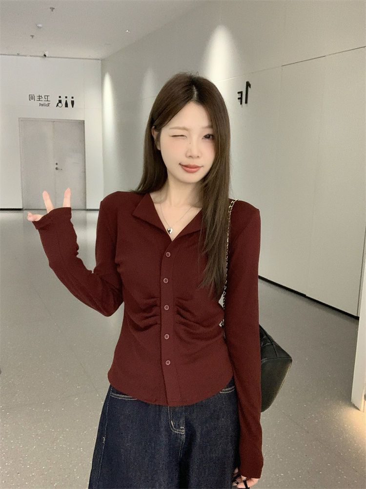 辣妹洋氣時尚設計感V領長袖百搭修身顯瘦上衣