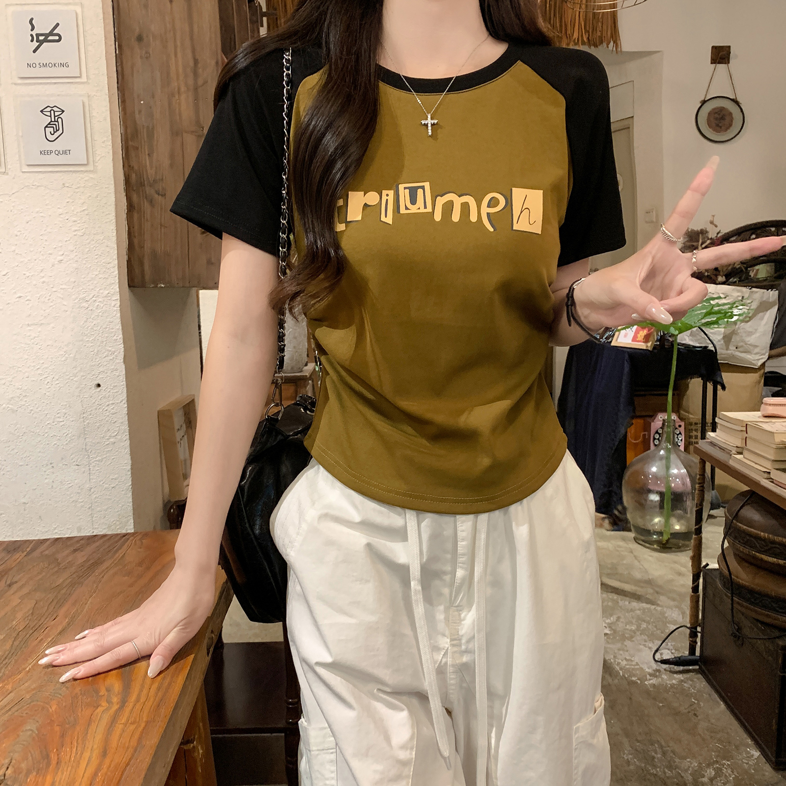 實拍1*1螺紋210克短袖t恤夏2025新款插肩袖修身短款圓領上衣女裝