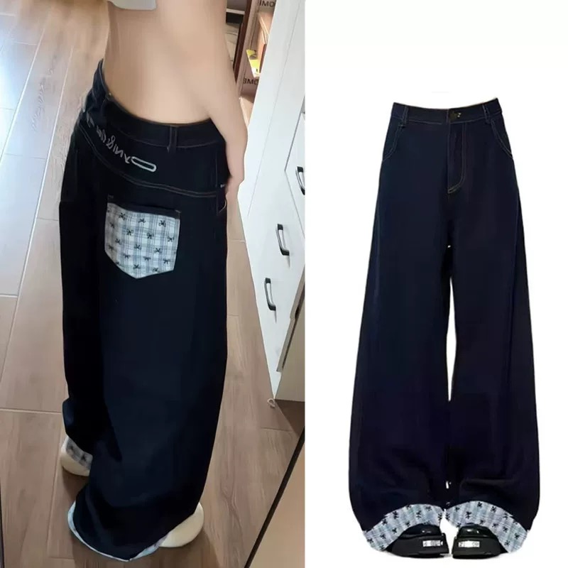 蝴蝶結格子拼接a版闊腿牛仔褲女深藍色高腰寬鬆顯瘦垂感拖地褲潮