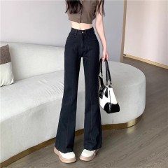 黑色直筒牛仔褲女春秋季高腰顯瘦寬鬆大碼胖MM微喇闊腿褲子潮ins