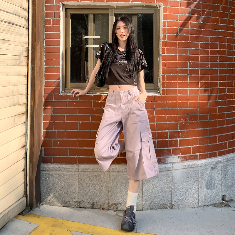 Real shot 2025 American retro large pocket work suit seven-point denim shorts women's design sense tense pants wide-leg medium pants