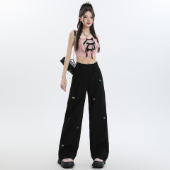 Real-life embroidered bow straight casual pants for women 2025 spring and summer new design high waist floor trousers extended trousers