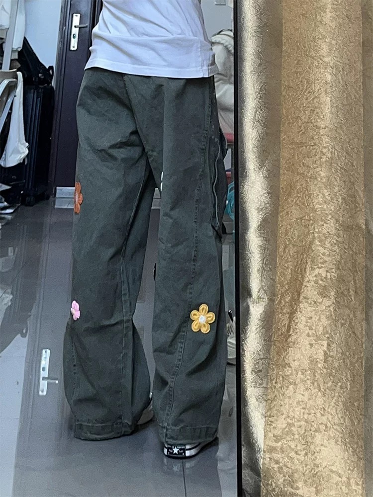 國潮復古多口袋直筒工裝褲女春秋美式寬鬆小花刺繡傘兵褲闊腿長褲