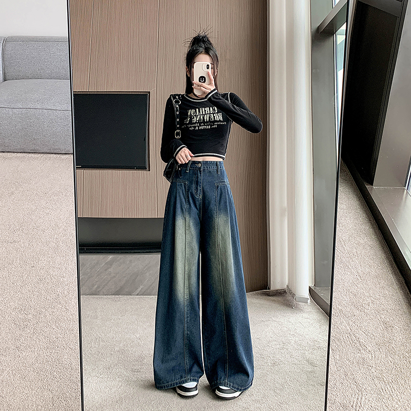 實拍~復古做舊設計分割條闊腿牛仔褲女新款高腰顯瘦直筒褲子