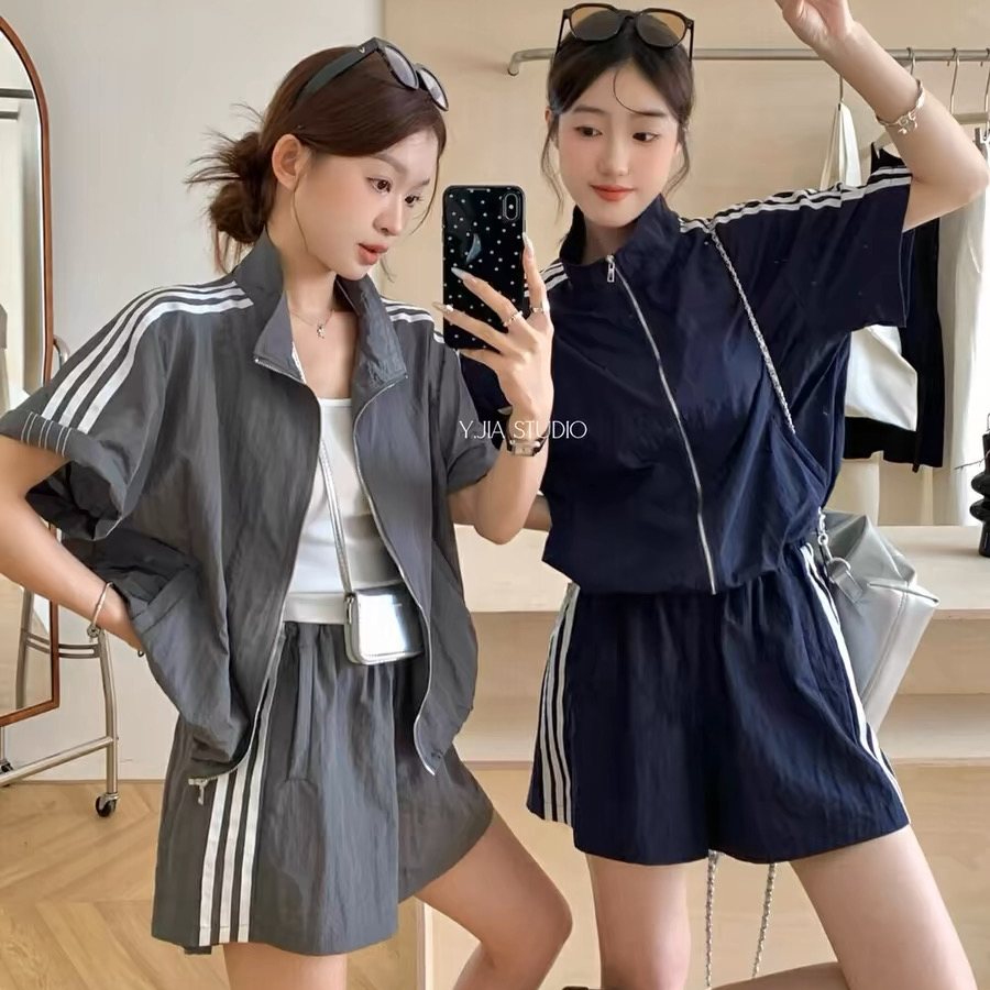 韓版女裝2025夏款美式運動服套裝休閒短袖外套高腰短褲兩件套女
