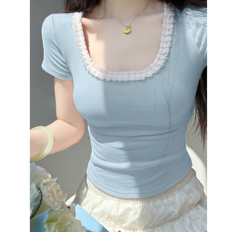 純欲蕾絲方領短袖t恤女2025夏季新款茶藝緊身低領芭蕾風正肩上衣