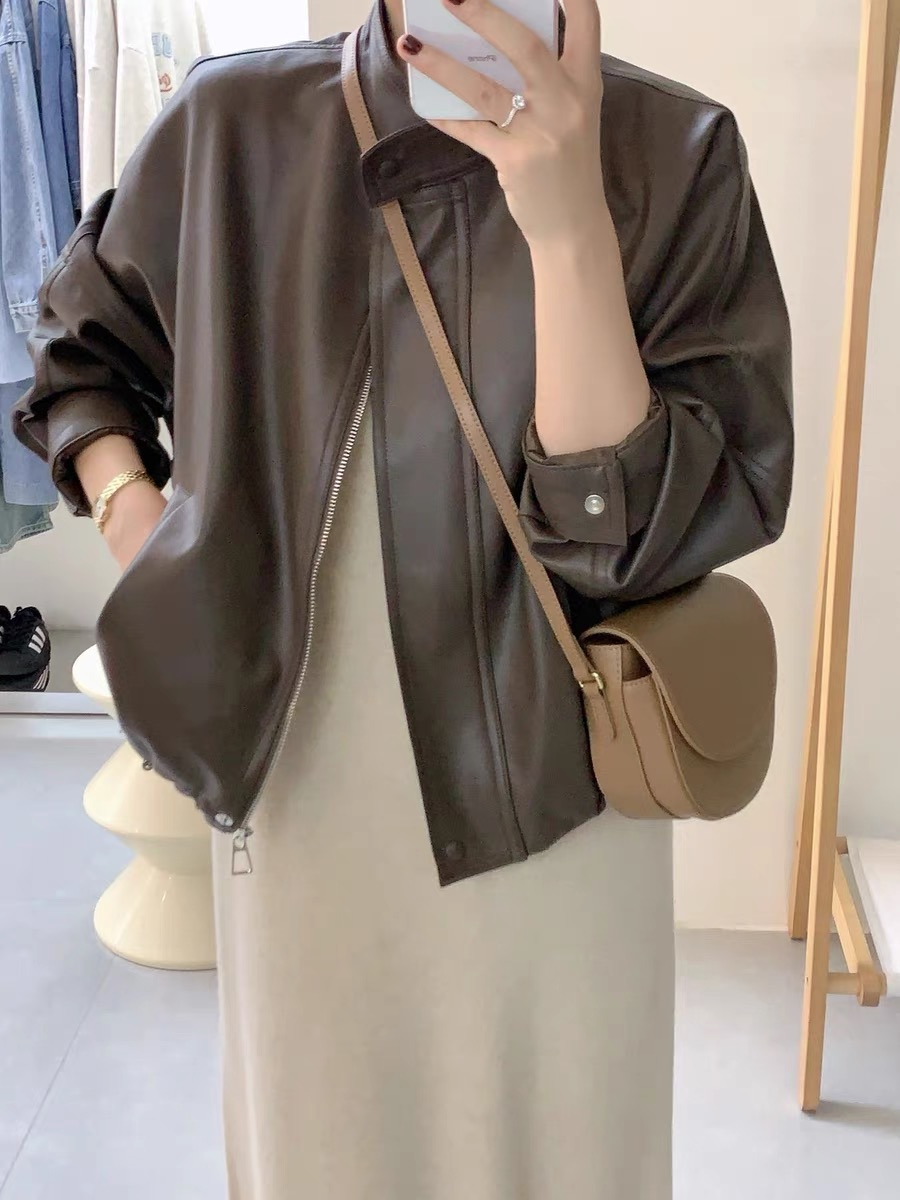 Spring Brown Leather Jacket Women's Biker Jacket 2025 New Hong Kong Style Short Biker Jacket This Year's Trendy American Retro