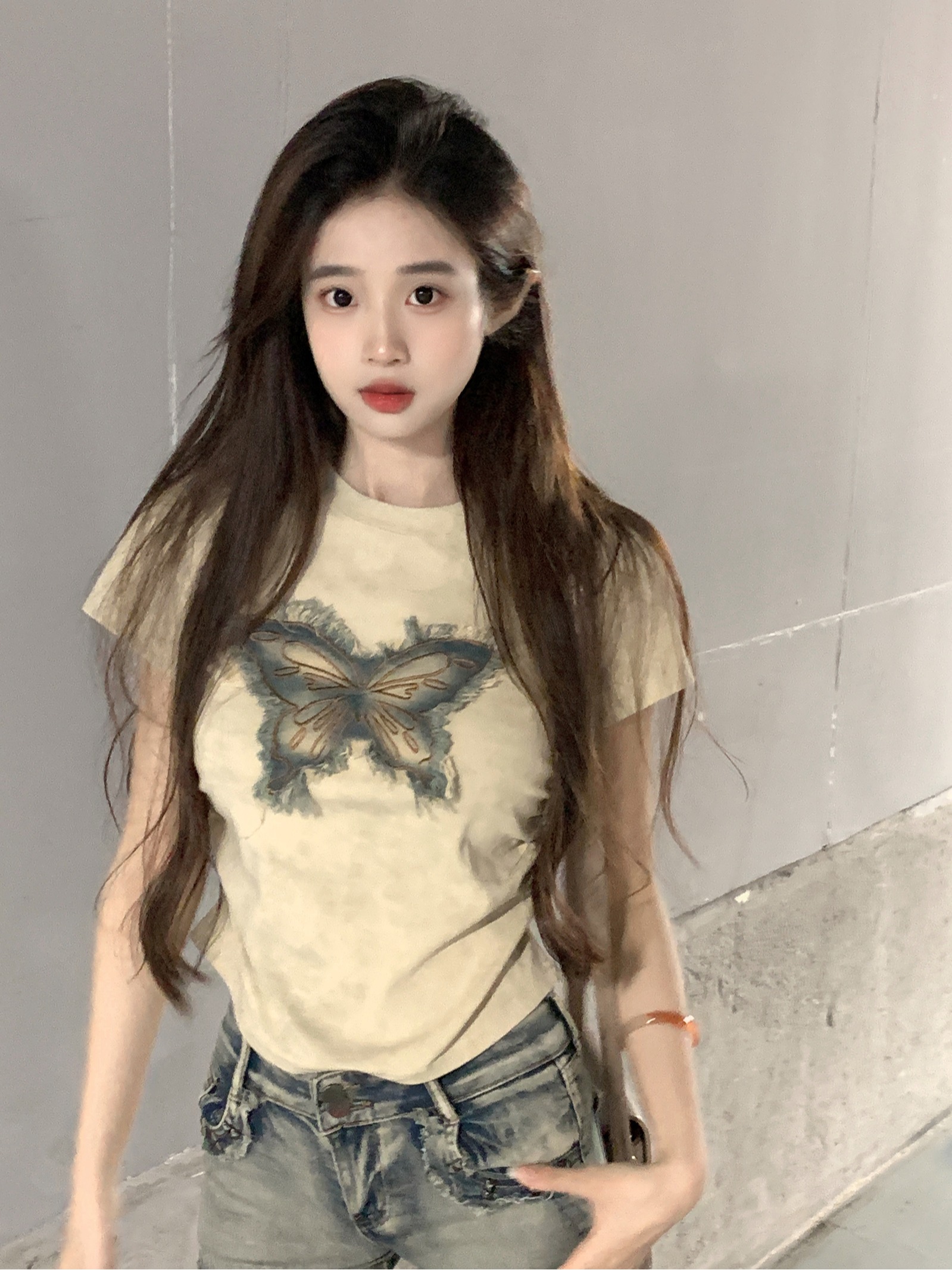 實拍1比1螺紋210克短袖t恤2025女夏韓版刺繡修身短款正肩圓領上衣