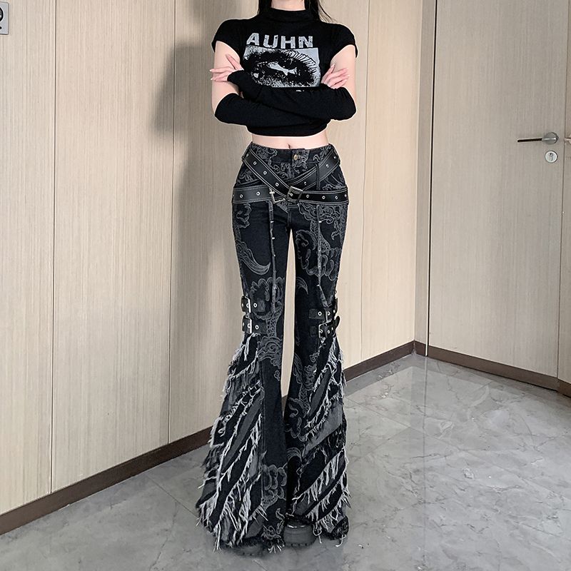 實拍~印花龍紋毛邊微喇叭牛仔褲女個性低腰修身顯瘦馬蹄褲子