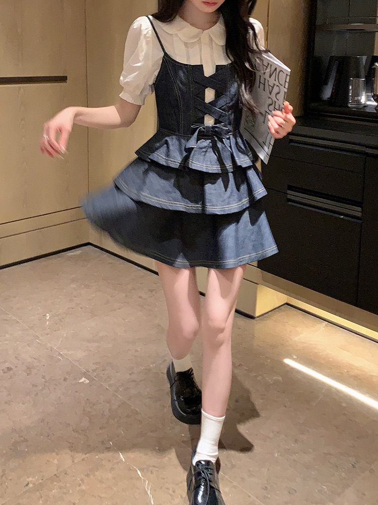 法式公主蓬蓬裙小個子甜酷風牛仔吊帶連衣裙子娃娃領襯衫兩件套裝
