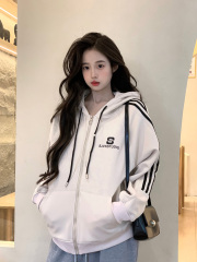 Men and Women Couple's Tracksuit Top - Spring and Autumn Thin Version 2025 Trendy Zip-Up Hooded Sweatshirt Striped Korean Style Top