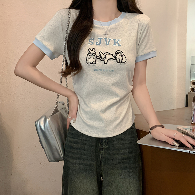 實拍1*1螺紋210克短袖t恤夏2025潮刺繡正肩修身短款圓領上衣女裝