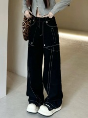 JADEQILIN美式復古個性明線設計直筒牛仔褲美式寬鬆闊腿褲男女款