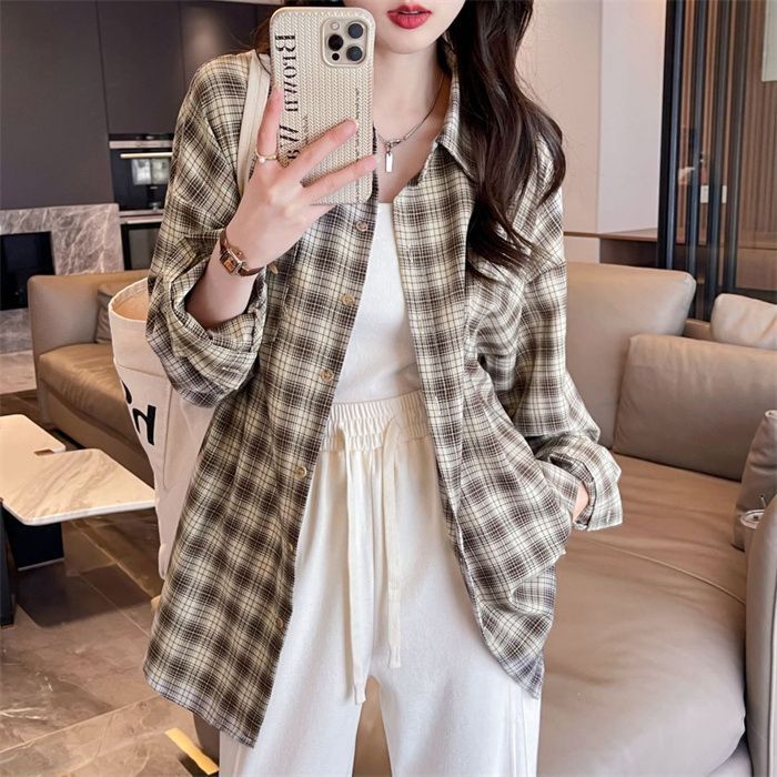 Real shot Tmall quality mid-length cotton plaid shirt new long-sleeved thin cardigan