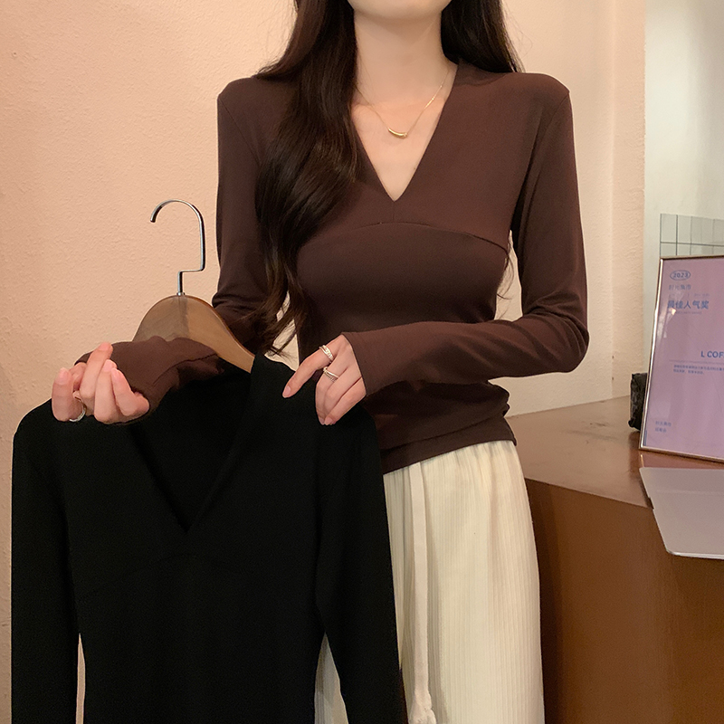 實拍螺紋210克長袖t恤女裝純色春秋薄款修身打底衫V領上衣