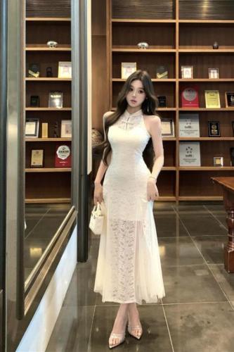 实拍~中式国风长裙夏收腰显瘦温柔气质白月光旗袍鱼尾连衣裙