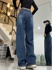 加絨加厚復古藍闊腿牛仔褲女秋春季顯瘦百搭大碼高街寬鬆直筒褲子