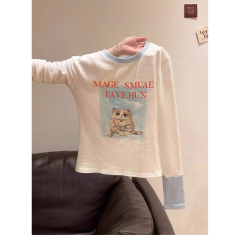 貓咪印花T恤長袖女設計感撞色拼接修身顯瘦打底衫內搭上衣