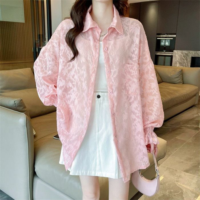 Real photos of Tmall quality spring and summer thin mid-length cardigan polo collar long sleeve shirt lantern sleeve jacket