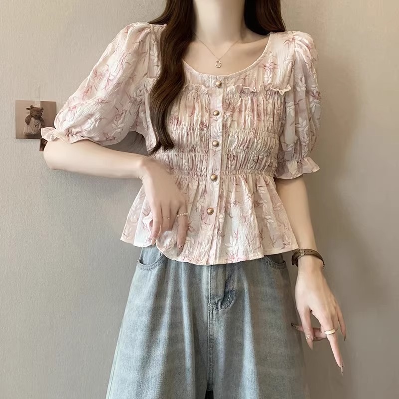 法式小香風碎花短袖襯衫女夏季胖mm遮肚收腰泡泡袖上衣