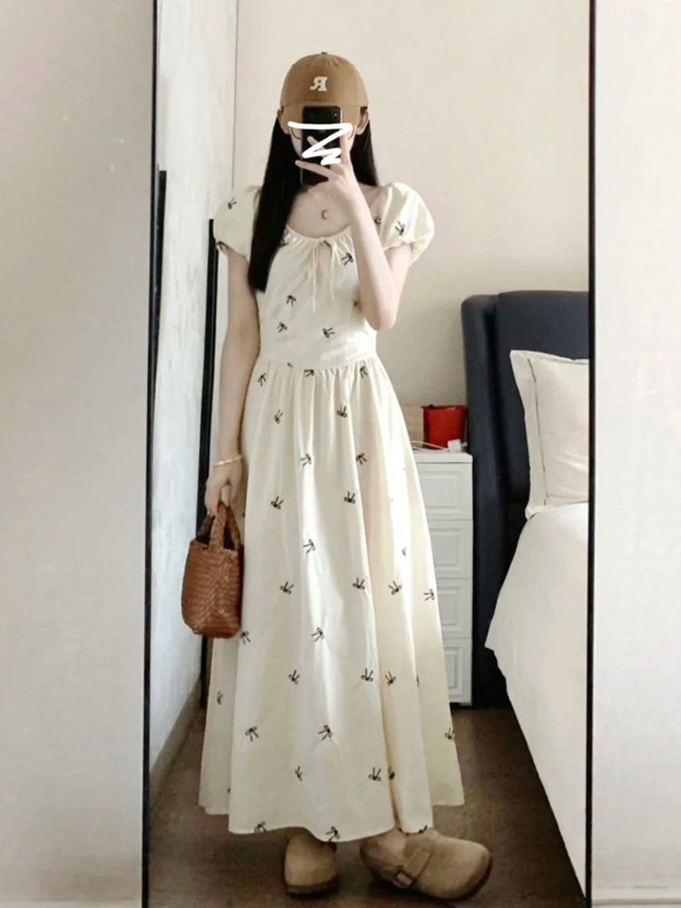 French first love puff sleeve bow dress with tea break small temperament waist-hugging look slim and beautiful retro skirt