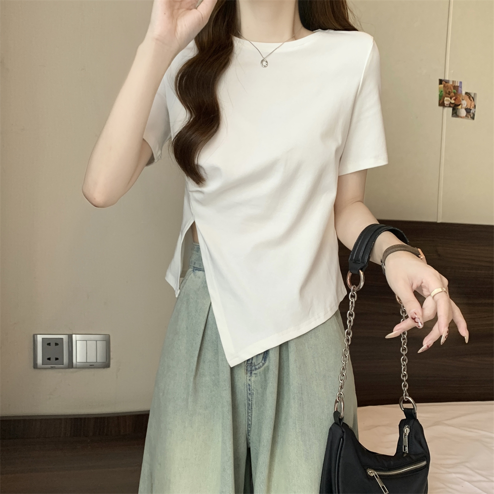 實拍  40支純棉210克92棉/8氨綸短袖T恤女純色開叉