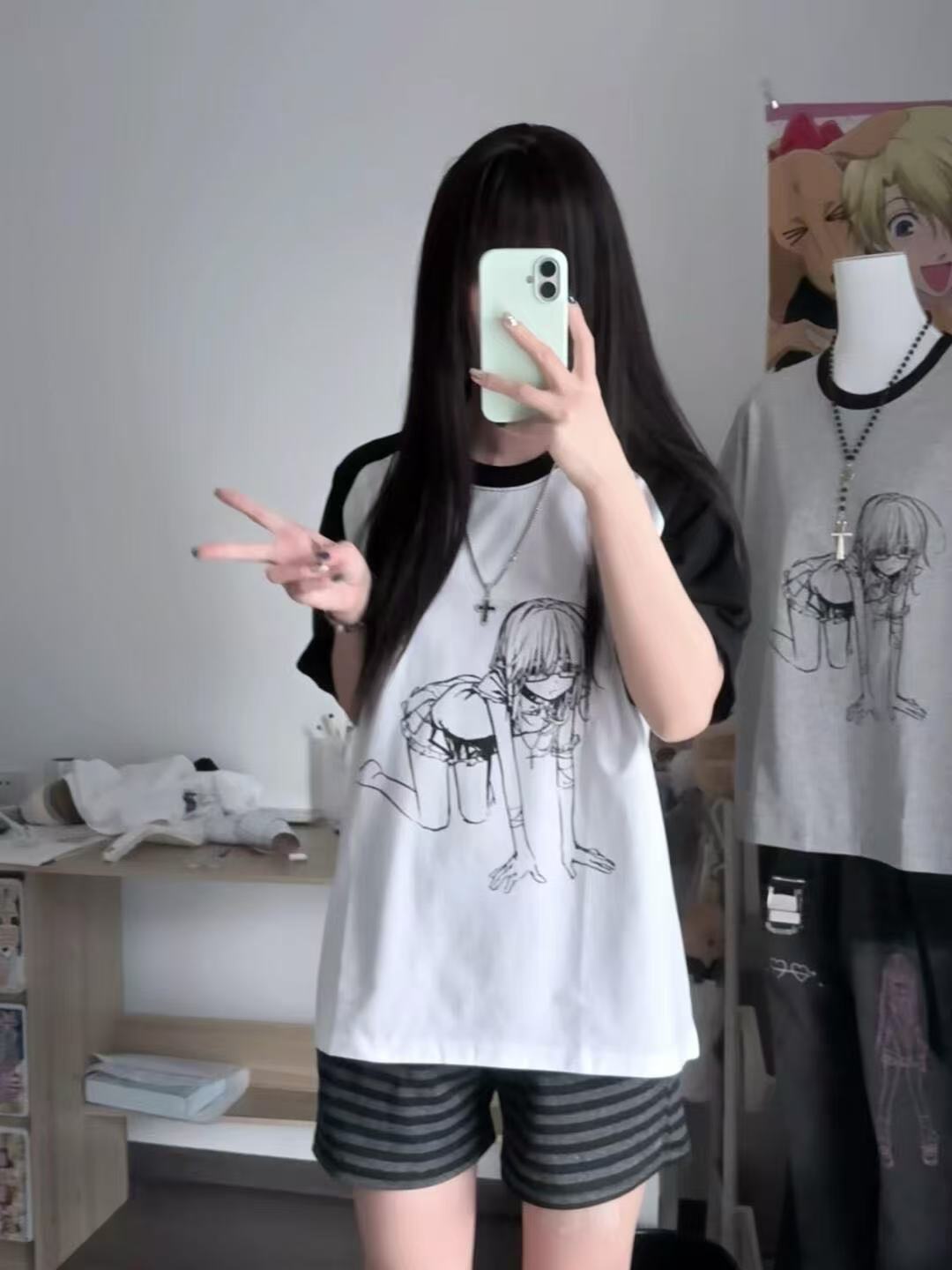 High-quality pure cotton 200g 21 combed tight printed color horn sleeve loose color block short-sleeved shirt for women