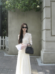實拍#米白色時尚提花長袖T恤氣質半身裙兩件套
