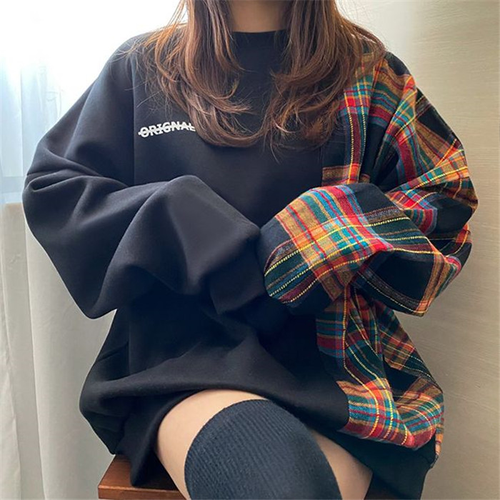 韓國chic小眾設計感圓領格子拼接字母印花寬鬆泡泡袖套頭衛衣女