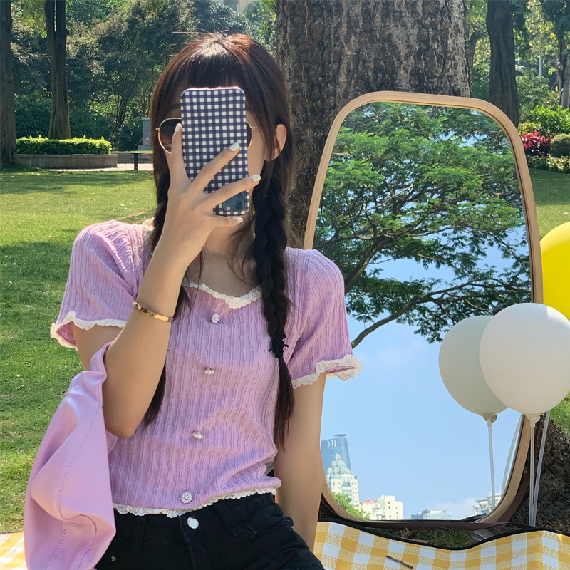 紫色針織上衣女短袖2025夏季新款薄蕾絲拼接短款高腰冰涼空調衫潮