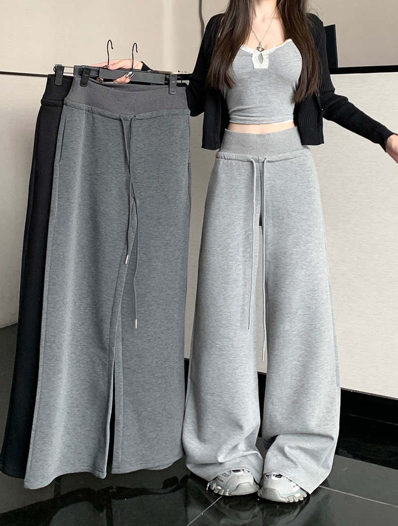 實拍慵懶風灰色抽繩休閒褲女春季高腰直筒褲闊腿褲長褲垂感拖地褲