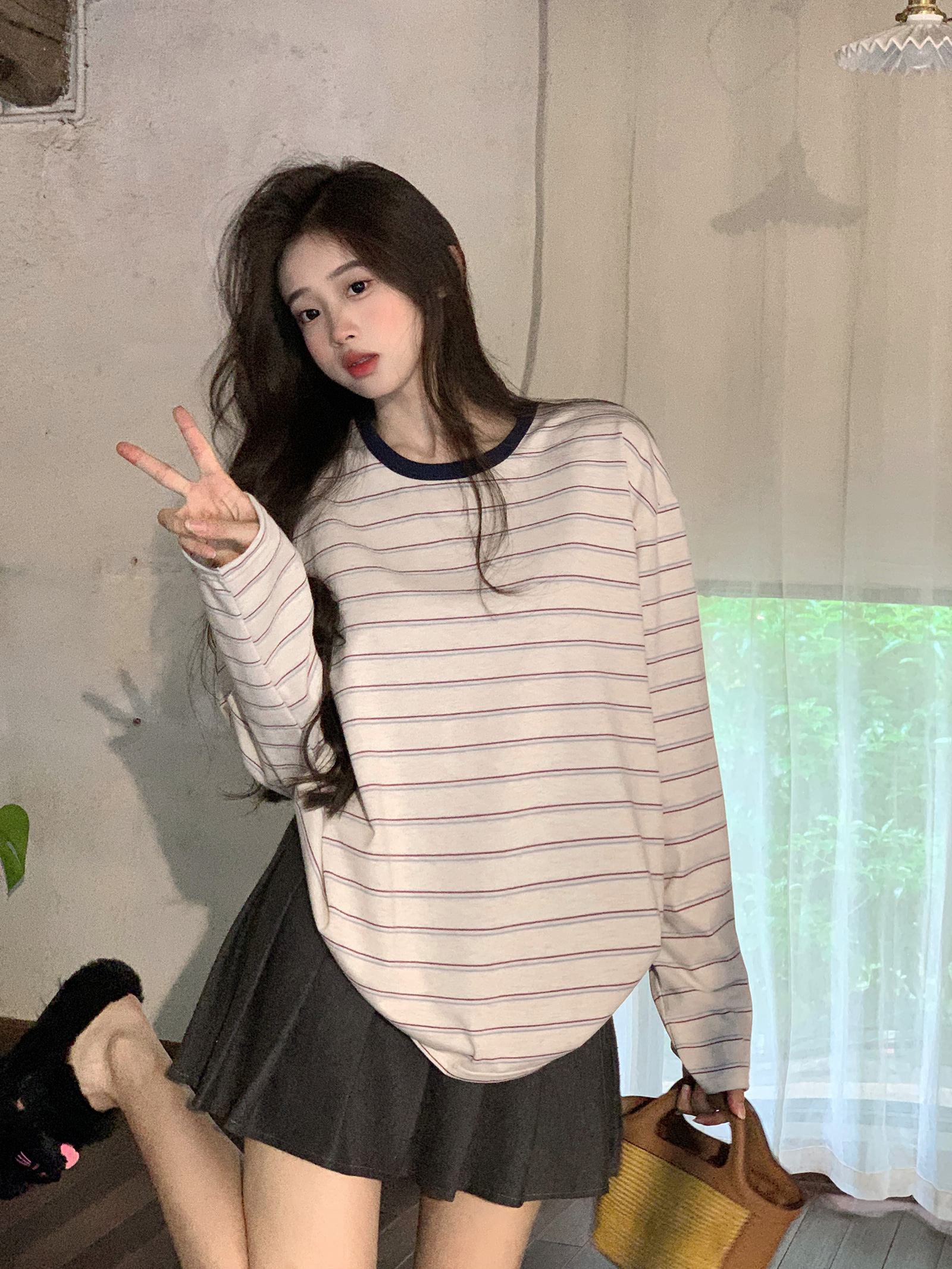 實拍230克條紋長袖t恤女2025早春薄款潮設計感修身打底衫圓領上衣