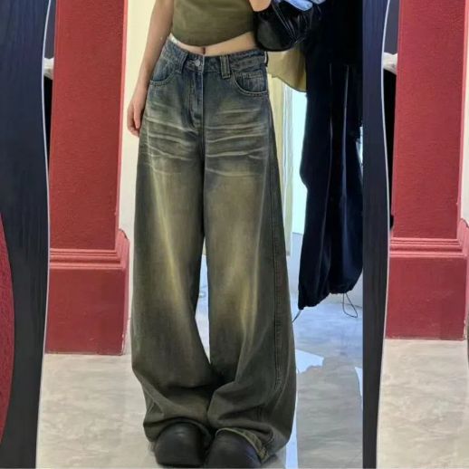 復古藍高腰闊腿牛仔褲女秋季水洗寬鬆顯瘦垂感直筒休閒拖地長褲子