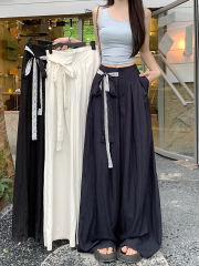 實拍設計感蕾絲飄帶拼接休閒褲女春季闊腿褲寬鬆高腰垂感拖地褲