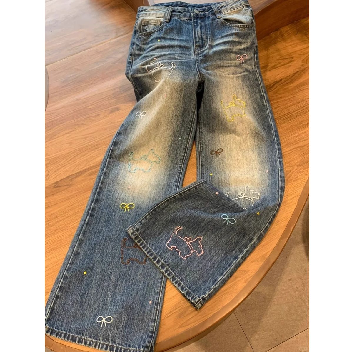 美式小狗卡通高街直筒刺繡牛仔褲春季新款設計復古寬鬆高腰闊腿褲