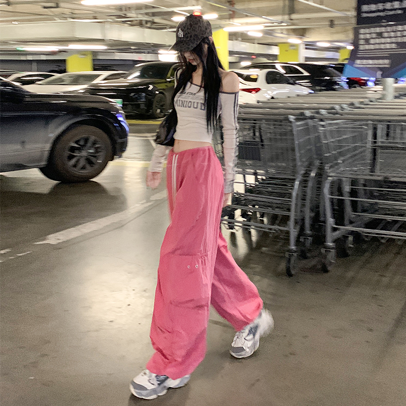 Real shot of the new high street sweet and spicy wide-leg pants design big pocket work pants drawstring pants women ins trendy