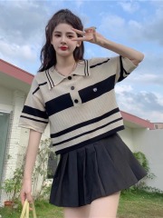 2025年新款夏季女裝POLO領上衣寬鬆拼接條紋短袖t恤冰絲針織衫潮