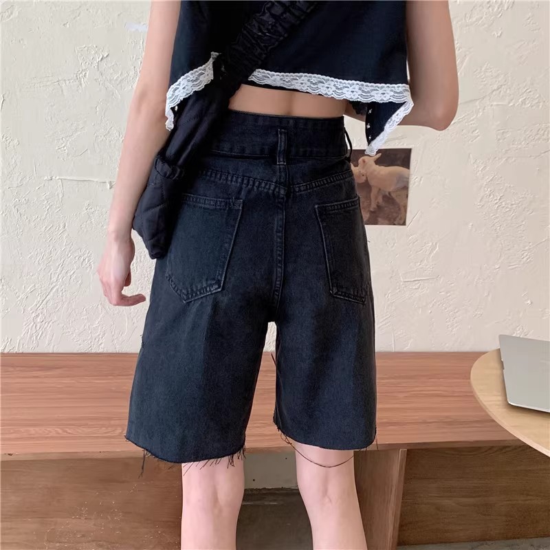 五分牛仔褲女闊腿夏季黑色寬鬆直筒高腰顯瘦大碼胖MM短褲子ins潮