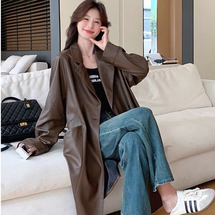 咖色高級感中長款西裝pu皮衣外套女2025春季新款寬鬆休閒氣質風衣