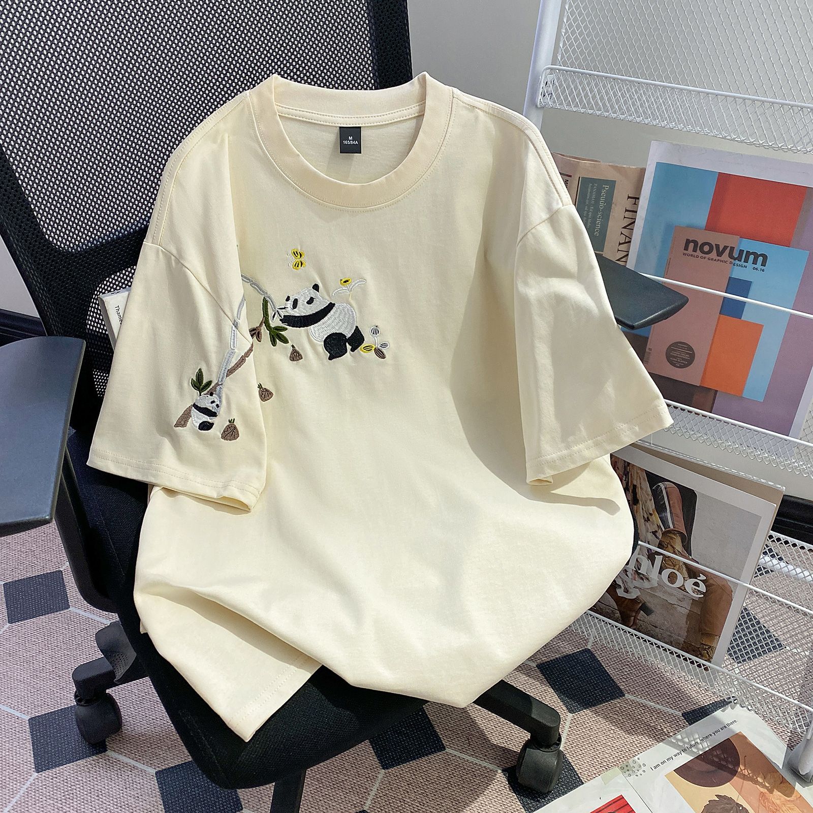 實拍32支雙紗短袖t恤女夏2025新款刺繡修身正肩短款圓領韓版上衣