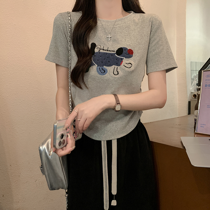 實拍1*1螺紋210克短袖t恤夏2025潮正肩修身短款刺繡圓領上衣女裝